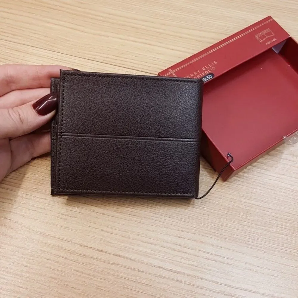 PERRY ELLIS Mens Wallet Dark Brown Leather Bifold Passcase RFID